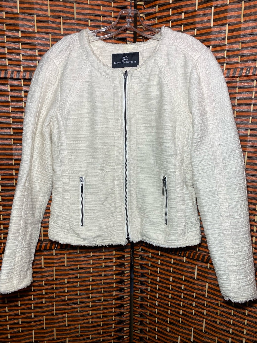 Tart Collections Ivory Textured Zip Front Jacket Size Medium Fringe Trim